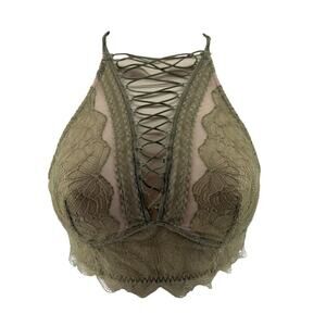 Victoria's Secret Very Lace-up High Neck Bralette Olive Lace Bra Small